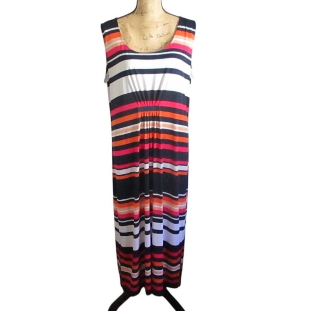 Jones New York Striped Navy Blue Maxi Tank Dress Size XL Sleeveless Ruched